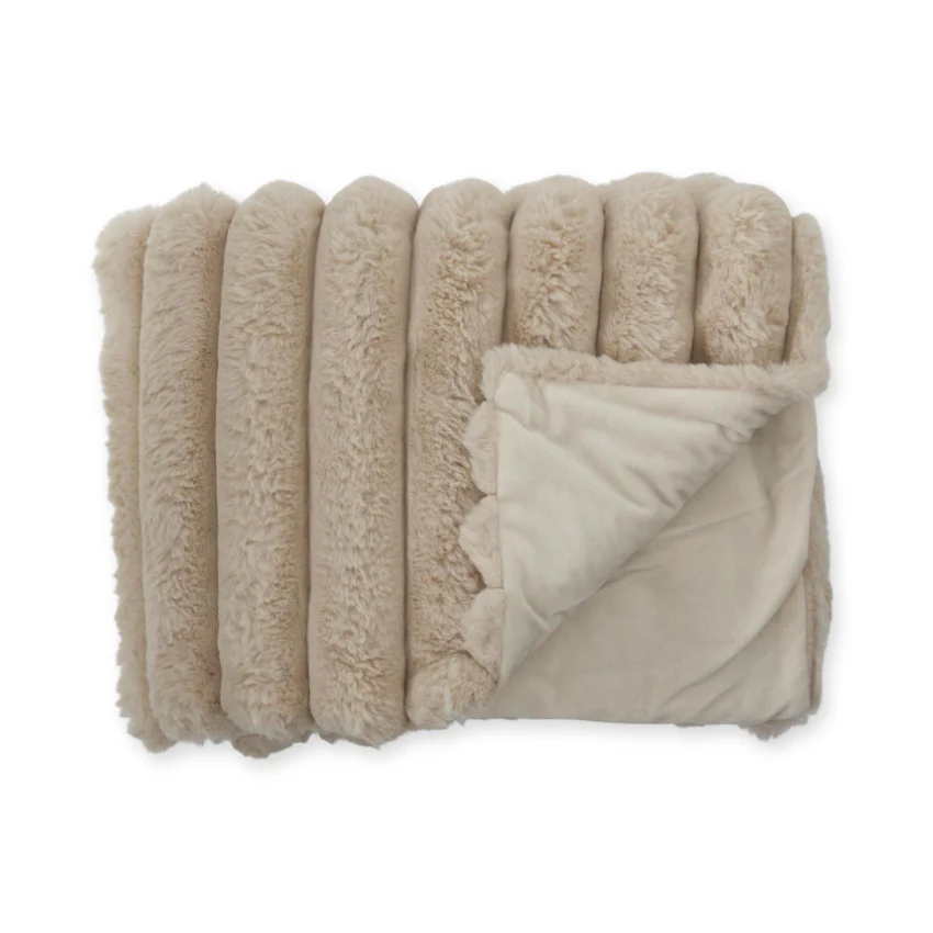 60" x 50" Ribbed Faux Fur Throw Blanket - Tan - Image 3