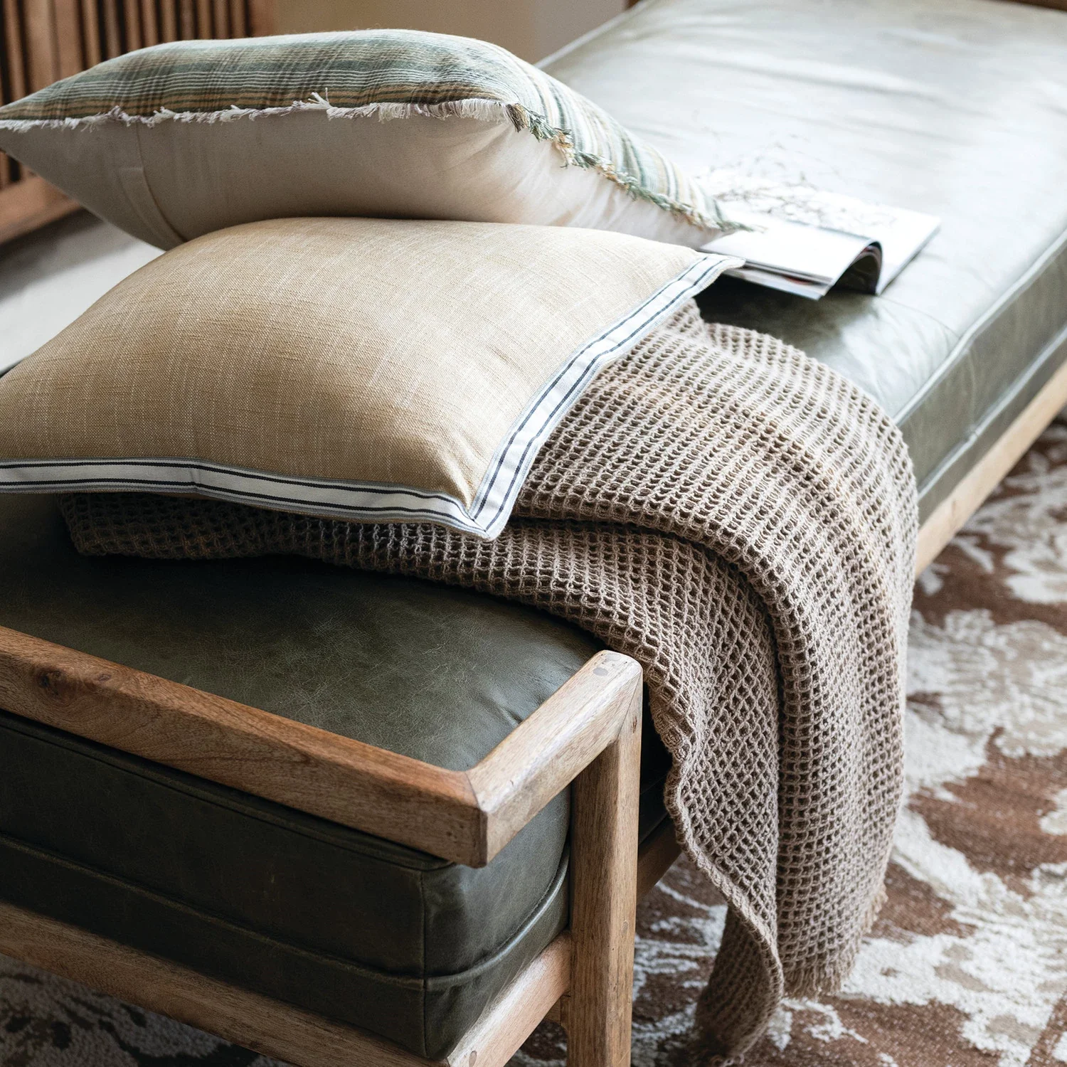 Distressed Olive Color Leather Day Bed Bench - Image 4