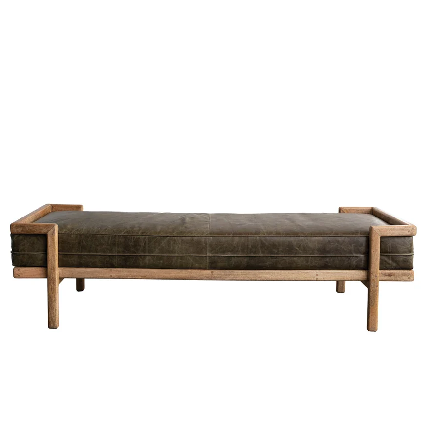 Distressed Olive Color Leather Day Bed Bench - Image 6
