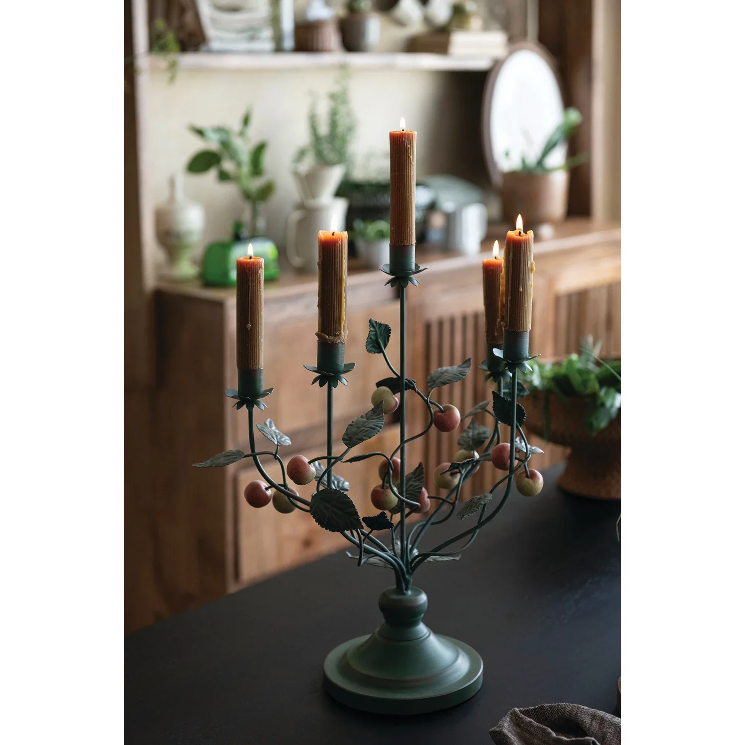 Hand-Painted Metal Toleware 5 Taper Candelabra with Crabapples - Image 3