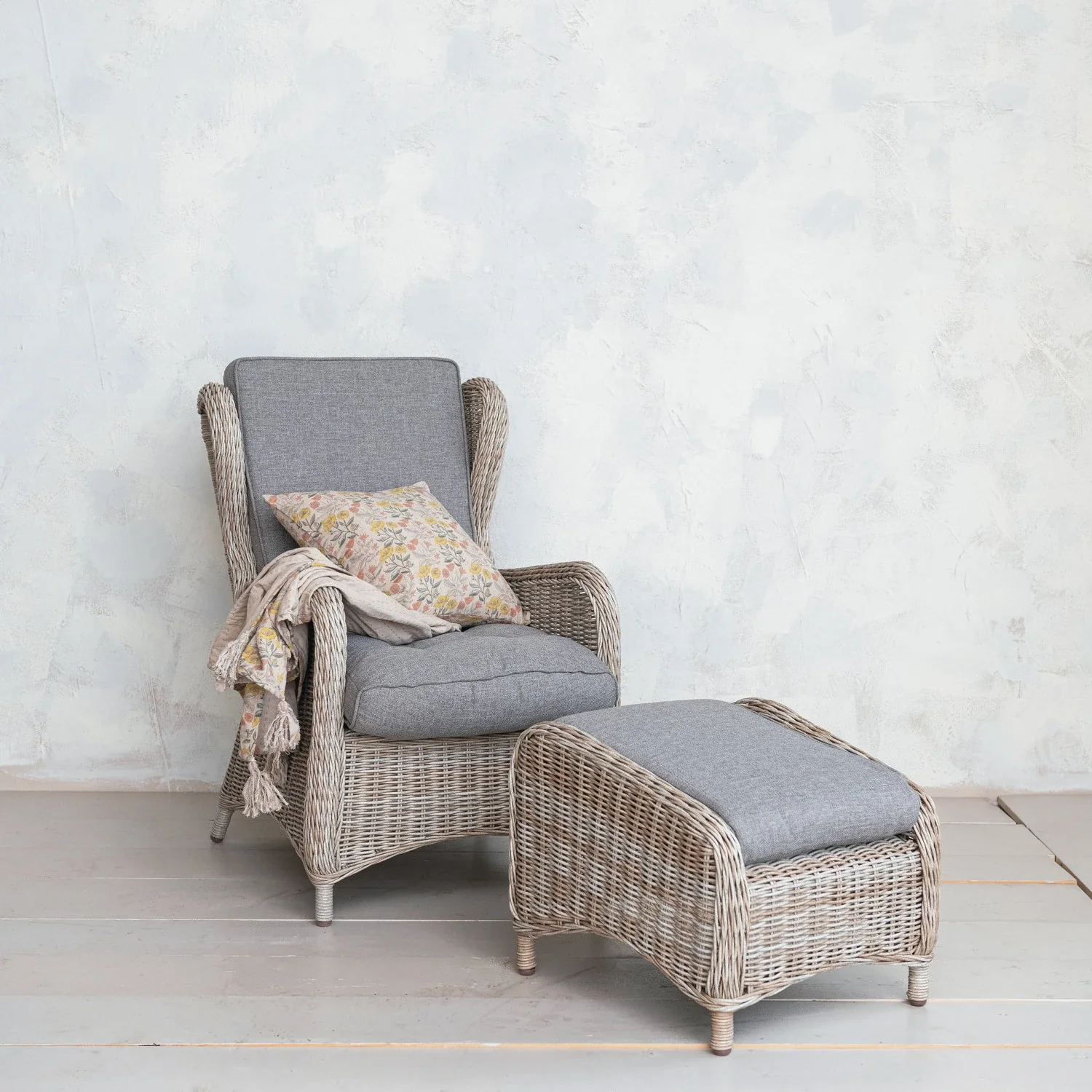 Hand-Woven Plastic Wicker Reclining Indoor Outdoor Chair with Ottoman - Image 3