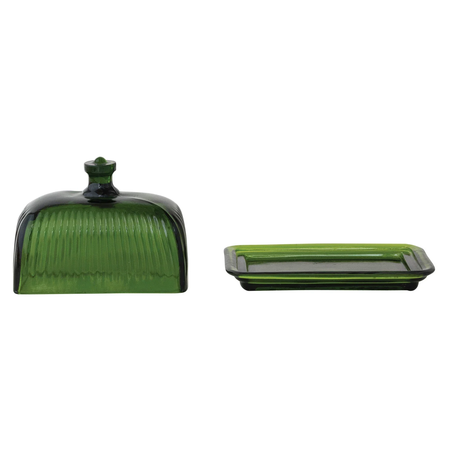 Pressed Ribbed Green Glass Butter Dish - Image 4