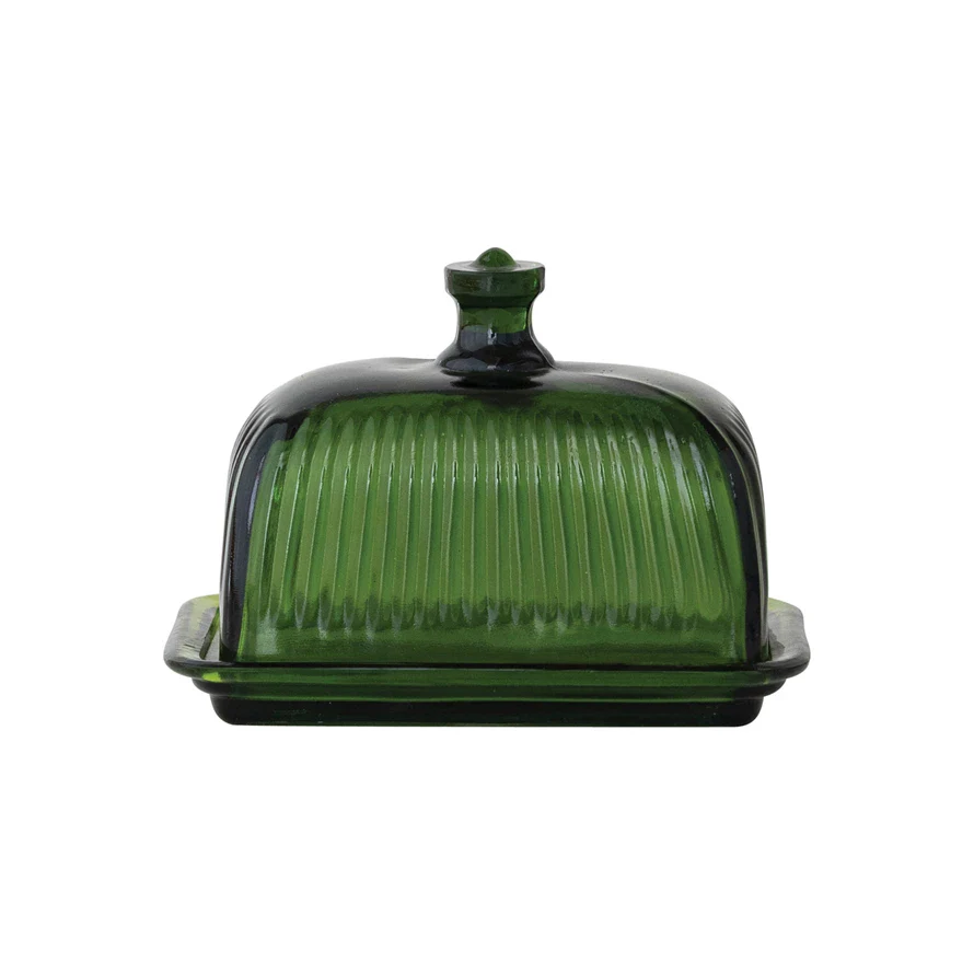 Pressed Ribbed Green Glass Butter Dish - Image 5